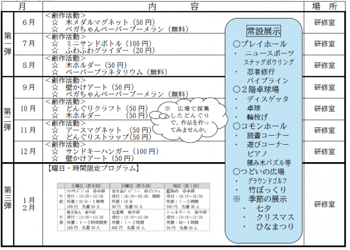 ドニーチョ!!プラス～気軽に体験活動～　日程