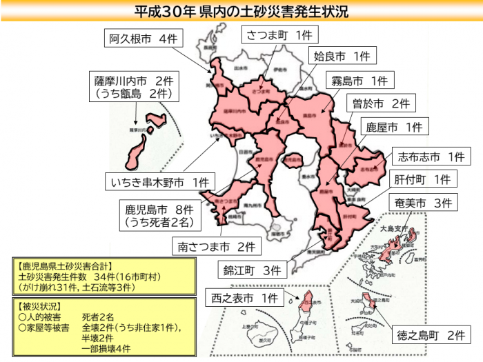 平成30年に発生した土砂災害発生状況市町村別図