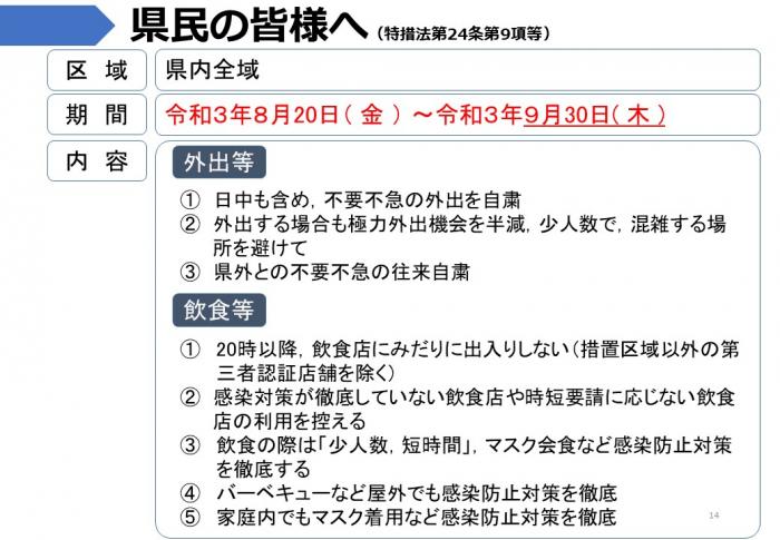 県民の皆さまへ：日中も含め，不要不急の外出を自粛を