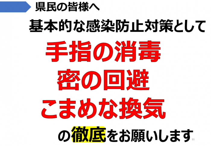 県民の皆さま：手指の消毒、密の回避、こまめな換気の徹底を